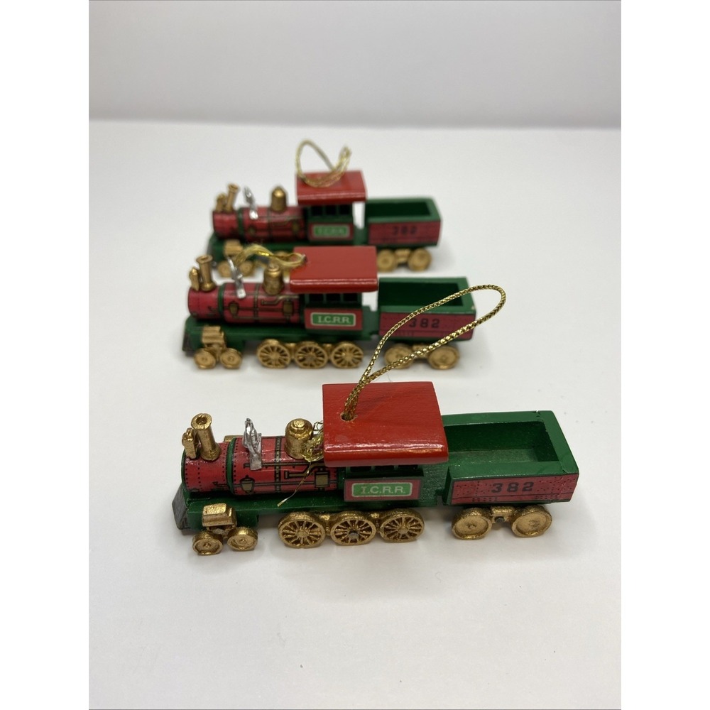 Vintage Wooden Train Christmas Ornaments Set of 3 ICRR 382 Steam Engine